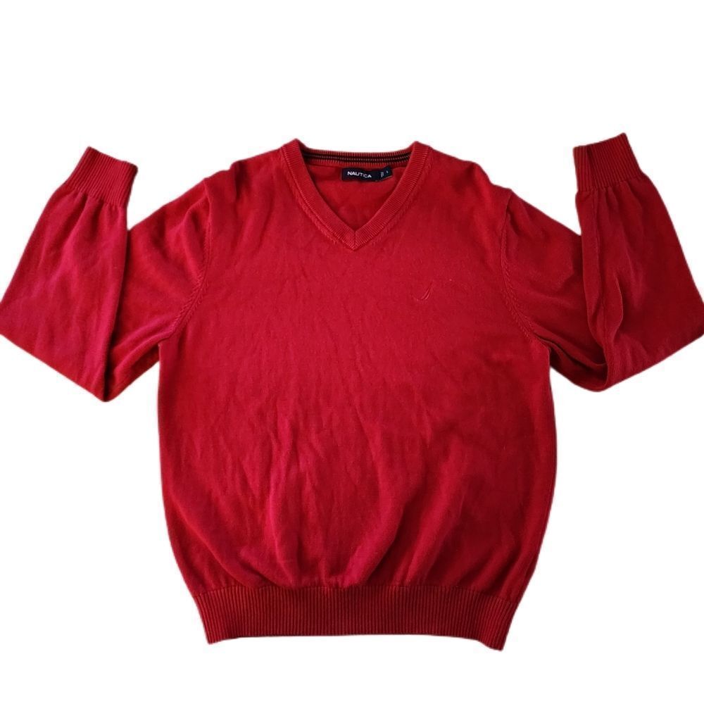 Nautica Men's  V Neck Pull Over Sweater Red 100% Cotton Soft Size Large 0734